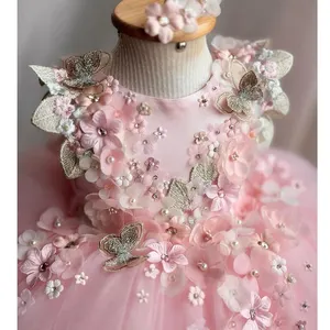 Wholesale Flower Embroidery Baby Girls Princess Wedding Dress Party Birthday Dresses Tulle Ball Gowns Flower Dresses For Girls