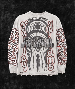 T-shirt tricoté vintage vieilli à manches longues pour homme, imprimé graphique Valley Dreams Bouddha, streetwear, ourlet déchiré, coupe oversize - Product Image 2