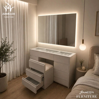 Coiffeuse avec miroir LED, plateau en verre, tabouret intégré et tiroirs, blanc, mobilier moderne, vente en gros OEM