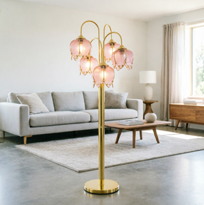 Lampe sur pied en verre rose en forme de tulipe, LED E26, lumière blanc chaud doux, style contemporain, grande taille pour salon et chambre à coucher - Product Image 1