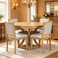 Ensemble de salle à manger rustique en chêne rond à ovale, chêne clair vieilli, chaises en lin capitonnées pour cuisine et réunions de famille