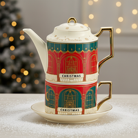 Service à thé rétro de luxe léger en céramique isolante résistante à la chaleur, coffret cadeau de Noël, théière britannique, tasse à café et soucoupe plaquées or