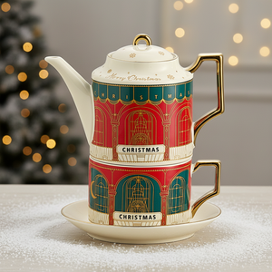 Service à thé rétro de luxe léger en céramique isolante résistante à la chaleur, coffret cadeau de Noël, théière britannique, tasse à café et soucoupe plaquées or - Product Image 5
