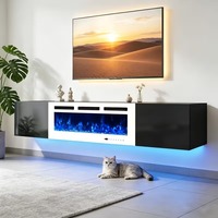 Meuble TV mural flottant bicolore noir et blanc de style farmhouse avec foyer électrique de 36 pouces et éclairage LED