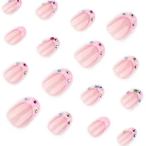 <span class=keywords><strong>Uñas</strong></span> Acrílicas Rosadas con Puntas Francesas, 24 Piezas, <span class=keywords><strong>Color</strong></span> <span class=keywords><strong>Rosa</strong></span> Nude, <span class=keywords><strong>Cortas</strong></span>, <span class=keywords><strong>Decoradas</strong></span> con Diamantes de Colores, <span class=keywords><strong>Uñas</strong></span> Postizas para Usar en los Dedos, Manicura DIY - Product Image 3