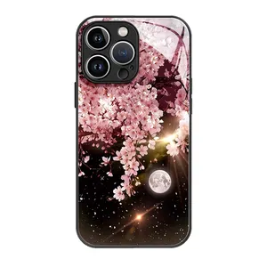 Coque de téléphone portable en verre trempé pour iphone 14 pro max coque de téléphone sakura botanique image uv personnalisation impression tpu