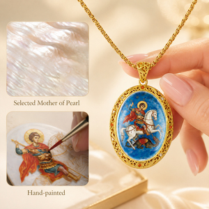 Pendentif Catholique Saint George TIMEMUSE en Turquoise Naturelle, Nacre et Lapis Lazuli, Pendentif Religieux en Pierre Précieuse Peint à la Main - Product Image 5