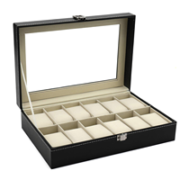 Boîte de rangement pour montres en cuir PU rectangulaire à 12 emplacements avec couvercle transparent verrouillable
