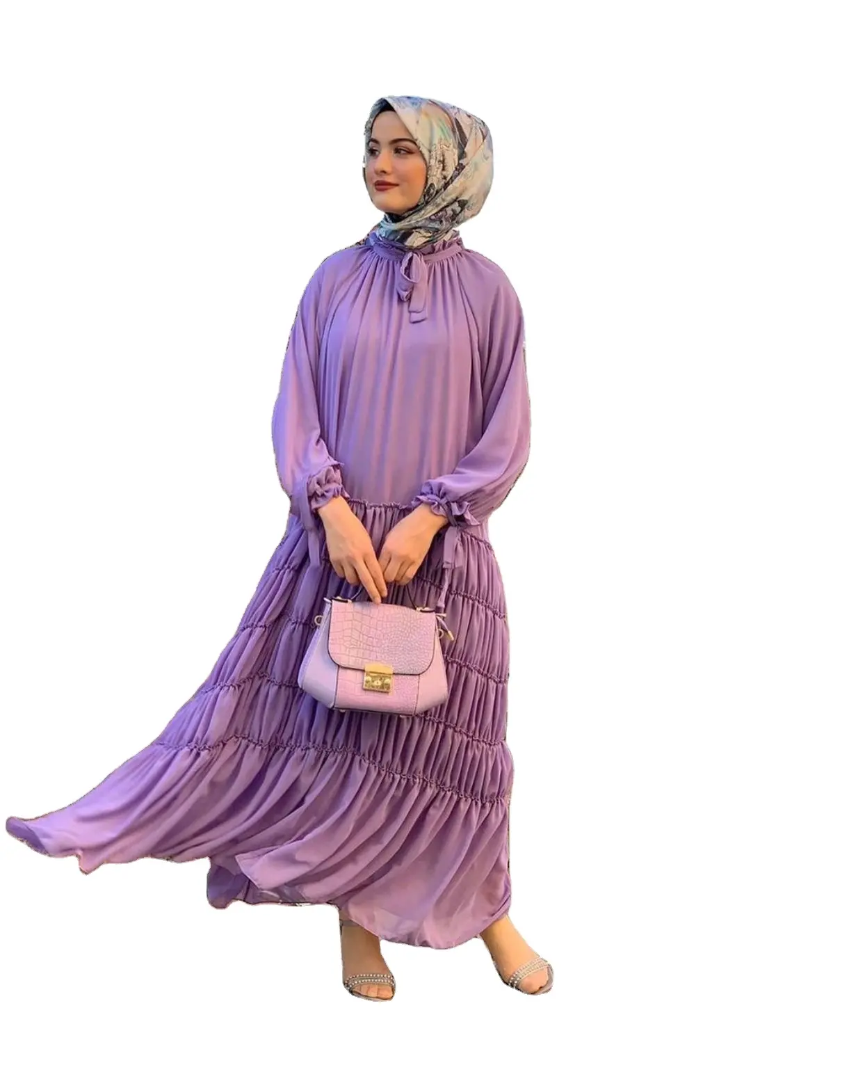 Dress Sifon Elegan Warna Polos, Gaun Lengan Panjang Lipit Muslim Melayu Indonesia