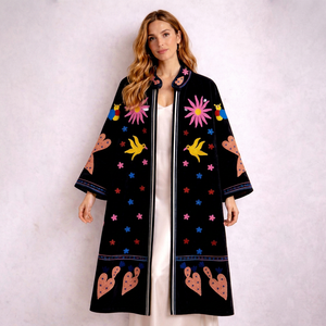 Bohemian Black Velvet Embroidered Long Suzani Jacket With Floral <b>Bird</b> Pattern Full Sleeve <b>Stand</b> Collar Women Autumn Outerwear - Product Image 1