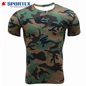 Camiseta de compresión con estampado de camuflaje, camisa de compresión con costura plana, color verde militar, para gimnasio y fitness, venta al por mayor