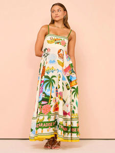 Nuovo Abito Lungo Casual da Donna 2025: Vestito Elegante a Bretelle in Lino Stampato Colorato con Gonna Svasata - Product Image 3