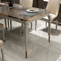 Ensemble de table à manger rectangulaire moderne en bois massif, 6 places, finition gris clair, accents métalliques, meubles de salle à manger de luxe avec miroir