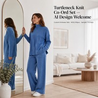 Ensemble coordonné tricoté pour femme, col roulé, manches longues, imprimé délavé, OEM personnalisé, vente en gros, marque privée, faible MOQ, échantillon rapide