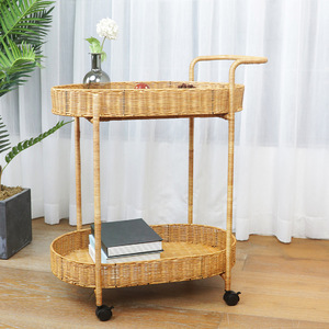 Carrito de Bebidas de Ratán de Doble Capa con 4 Ruedas Giratorias, Carrito de Hotel Color Caqui - Product Image 2