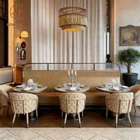 Nouvelle table en marbre durable et écologique pour café, restaurant, hôtel, usage commercial, avec canapé en cuir beige à texture tissée et rembourré