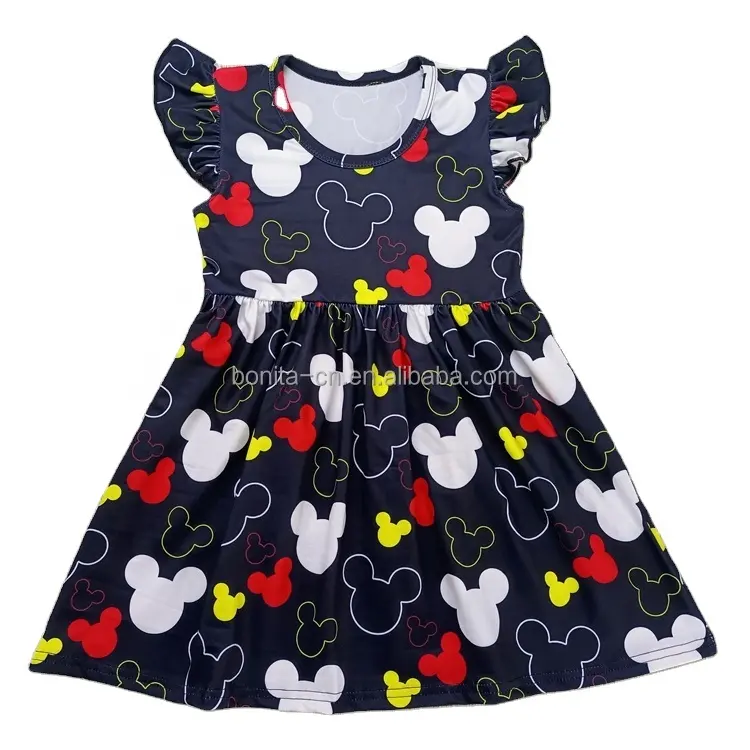 RTS Children Clothes Cartoon print Boutique Clothing Kids Milk Silk Fabric Baby Girl Summer Flutter Sleeve Dresses