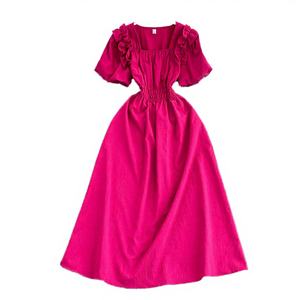 Vestido Midi Casual de Verano para Mujer, Estilo Vintage Sostenible, Cuello Cuadrado, Tejido, Corte Regular, con Volantes y Encaje, Color Liso - Product Image 2