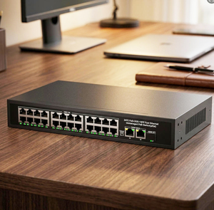 Switch Ethernet PoE non géré 24 ports 10/100/1000 Mbps Gigabit, 300 W, standard IEEE802.3af/at, 48 V, avec 2 ports Uplink GE et 1 port SFP - Product Image 4