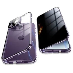 Pour iPhone 15 Pro Max Protection Complète Magnétique Métal Double Face Verre Trempé Film Cas 15 Ultra Clair Couverture de Téléphone Portable