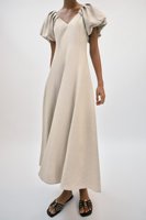 Robe midi en lin MYST&ZA pour femme, nouvelle collection été 2026, élégante et simple, col en V, manches bouffantes 2604727