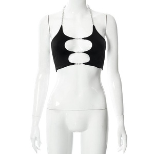 Oem logotipo personalizado poliéster color sólido metal <span class=keywords><strong>tirantes</strong></span> ahueca hacia fuera agujero abierto sexy club nocturno fiesta mujeres sujetador tops - Product Image 5