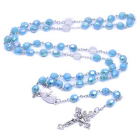 Vente en gros de perles de chapelet catholique en plastique bleu de 8mm chaîne en argent médaille Saint-Benoît croix de jésus collier de bijoux religieux