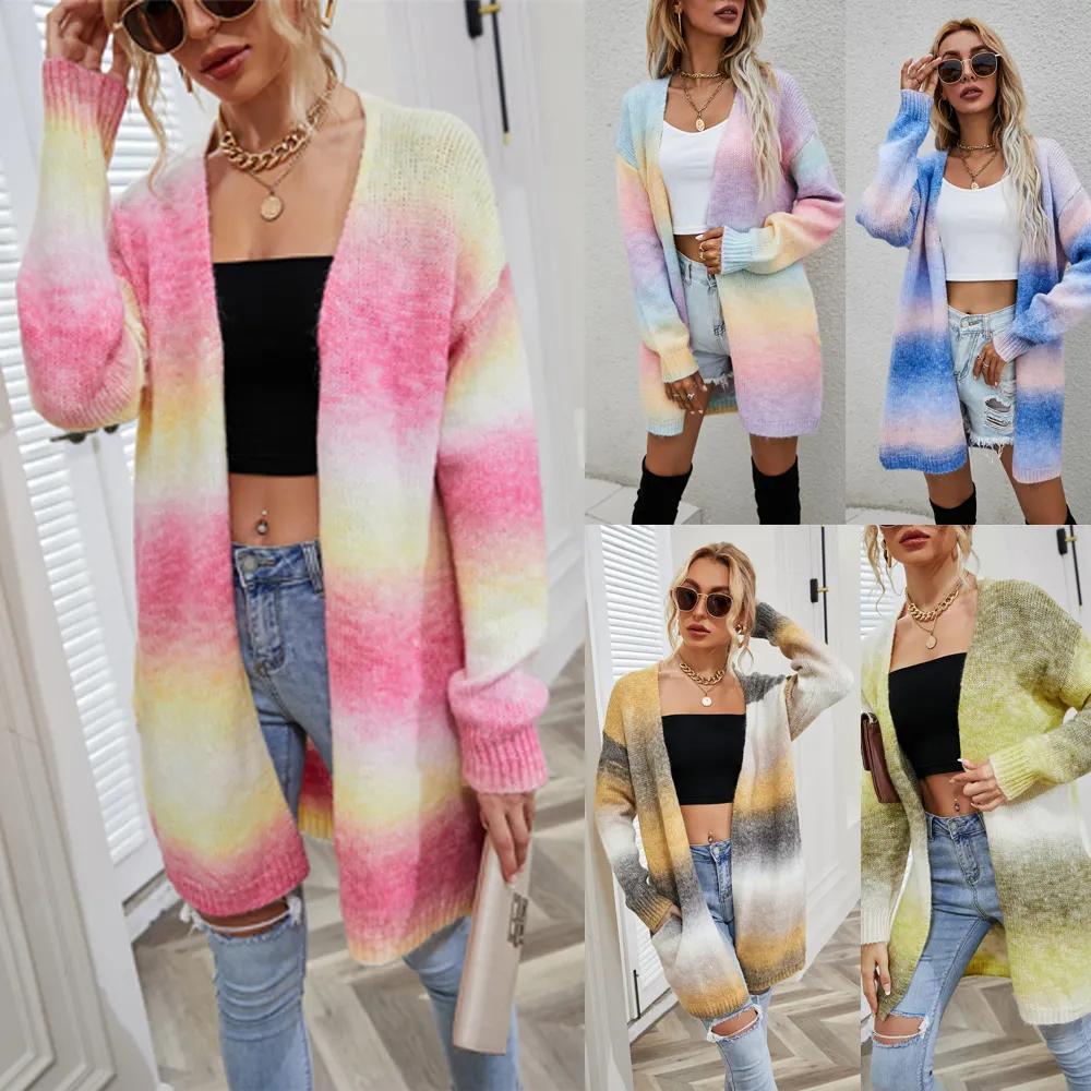 Autumn And Winter Loose Sweater Rainbow Gradient Color Tie-dye Long Plus Size Cardigan With Pocket For Women