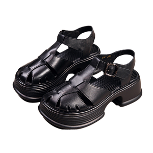 Sandales gladiateur vintage pour femmes 2025 à talon haut, bout rond, bride cheville, en cuir véritable, semelle intérieure respirante en PU, antidérapantes, été - Product Image 1