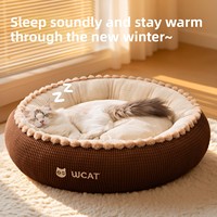 Cama Redonda para Gatos con Diseño de Waffle en Dos Tonos, Borde con Flecos de Pompones, Suave, Lavable, Anti-Ansiedad, con Logotipo WCAT