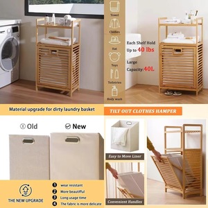 Bamboo Laundry <b>Storage</b> <b>Basket</b> <b>With</b> <b>Shelf</b> For Laundry Room Natural Color Rectangle Standing Type Clothing Organizer - Product Image 2