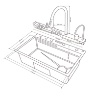 Évier de cuisine intelligent multifonctionnel avec affichage numérique LED, 5 touches piano, robinet cascade, 75 cm, en acier inoxydable, évier Tittok