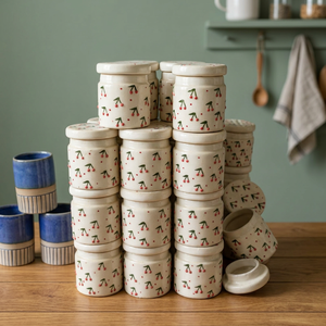 <b>Ceramic</b> Jar With <b>Lid</b> Cherry Pattern Vintage Style Durable Storage Container - Product Image 5