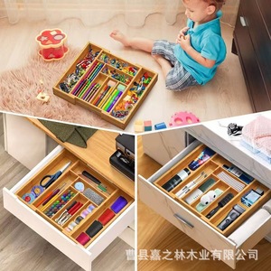 Wooden <b>Drawer</b> Organizer For Cutlery <b>Storage</b> With Stainless Steel Utensils Rectangular Standing Type 32-52*43*5cm - Product Image 3