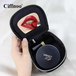 Factory Custom Logo Design Bark Grain Leather Small Portable Lipstick Storage With Mirror Makeup Bag