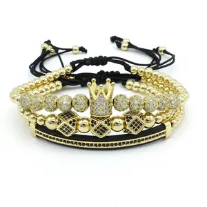 Mode Kroon Armband Set Rvs Romeinse Nummers Gegraveerd Bangle Gevlochten Macrame Armband Set