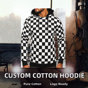 Sudadera con Capucha a Cuadros Negra y Blanca Premium, Sudadera Informal con Cordón de Contraste, Forro Polar, Ropa Urbana de Moda, Logotipo Personalizado - Product Image 2