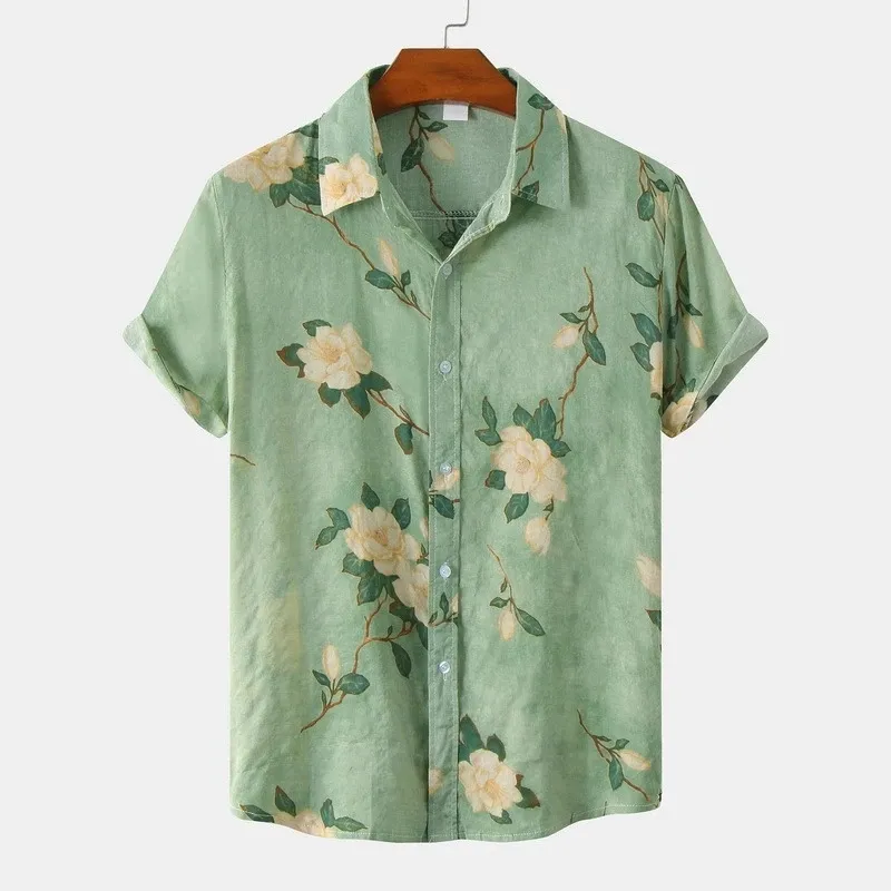 Hot Sale Men Flower Print Casual Lapel Shirt Male Summer Holiday Beach Shirt Cardigan Loose Casual Short Sleeve Retro Shirt