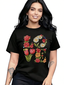 T-Shirt da Donna con Design Floreale, Manica Corta, Collo Tondo, Casual Estiva, Leggera, 100% Cotone Jersey, Stampa Floreale - Product Image 1