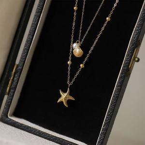 Collier anti-ternissement en or 18 carats en acier inoxydable véritable, bijoux fins, colliers superposés à la mode avec étoile de mer et coquillage pour femme - Product Image 3