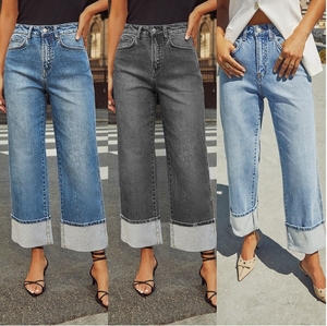 Los últimos jeans de mujer de pierna recta elásticos para primavera y verano, jeans retro de cintura alta con efecto arrugado. - Product Image 2