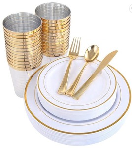 Disposable Rose Gold Dinnerware Set, Gold Rim Plastic Plates for Wedding Party, Wedding Party Plates