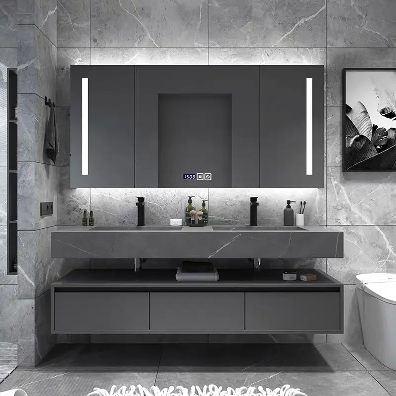 Tocador de baño personalizado, armario de medicina con pantalla táctil, espejo LED inteligente, armario de baño con espejo de baño