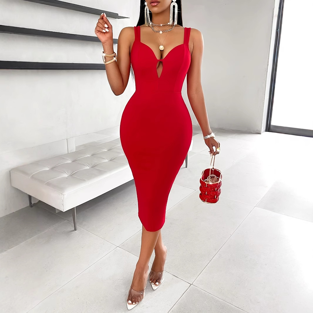 On Sale Red Plunge Bodycon Dress Chiffon Fabric Elegance | Alibaba.com