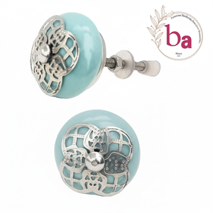 Vente chaude Industrielle Marocaine Argent Filigrane Aqua Céramique Boutons Élégant Tiroir Armoire Poignée Tire pour Chambre Cuisine - Product Image 1