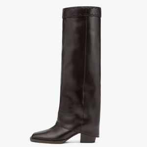 Women Top Sewing Line Knee High Boots Overlay on Long Booties Ladies Western Style Chunky Heels Pants <b>Shoes</b> - Product Image 6