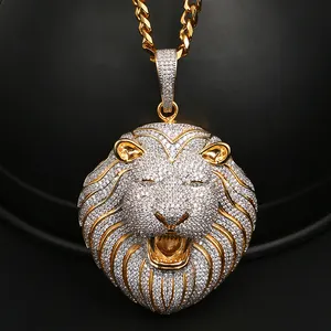 Vendita calda di lusso grande testa di leone ciondolo Cubic Zirconia ghiacciato Hip Hop argento gioielli in oro fascino ciondolo animale per uomo