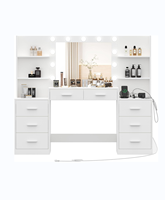 Commode avec miroir et lumière, commode avec multiprise, grand tiroir et six commodes de rangement ouvertes