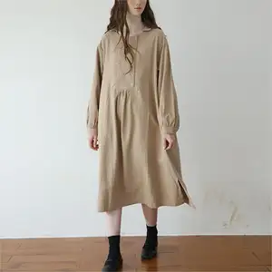 Customized A-Line Button Midi Soild Color Vintage Long Sleeve Chic Cotton Linen Dress Women Casual Dresses Straight With Pockets