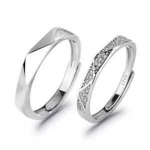 幾何学的な結婚指輪カップルセット大きなキュービックジルコニア男性調節可能なダイヤモンド婚約スターリングシルバーリング